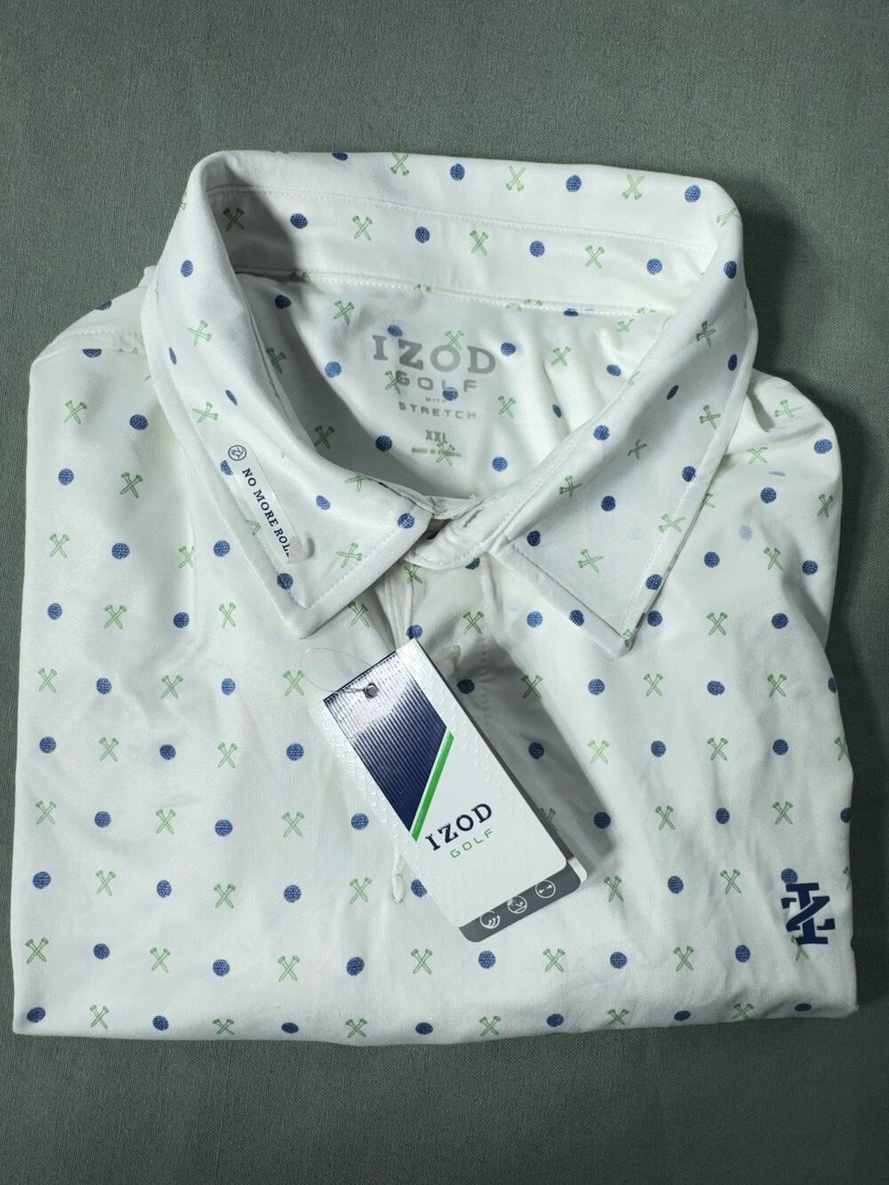 IZOD Golf Polo Shirt Men’s XXL White Blue Green Golf Print Performance Stretch